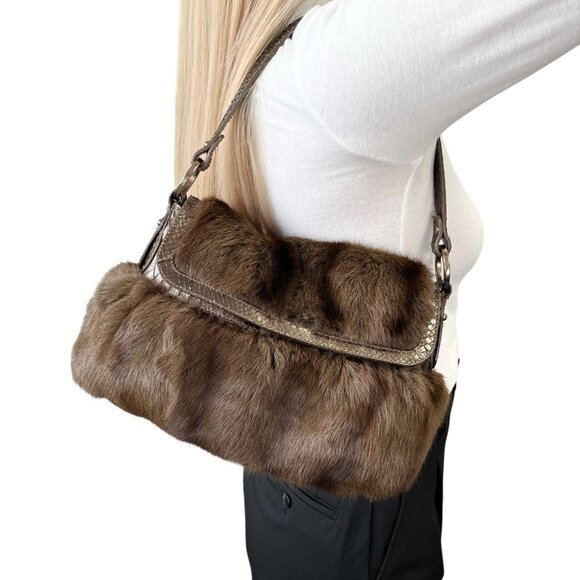 FENDI Vintage Logo Chef Mink Faux Fur Shoulder Bag Handbag Python Brown [106352] - Picture 1 of 12